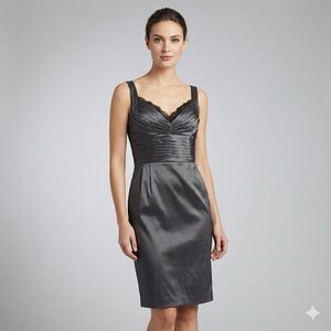 Adrianna Papell Cocktail Dress 12P Gray Pleated Bodice Black Lace Trim Sheath